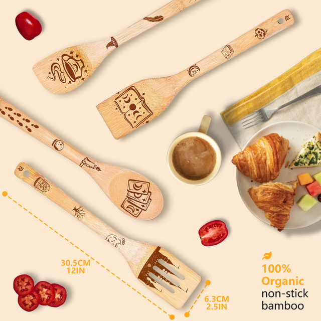 Custom Eco-Friendly Holiday Kitchen Utensils Original Bamboo Laser Logo 6-Piece Flatware Set with Spoon and Spatula