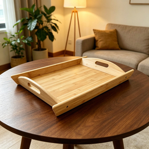 Best Selling Multifunction Modern Single-Tier Portable Standing Type Bamboo Kitchen Serving Tray with Lacquer Finish and Handles