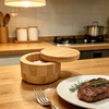 Eco-Friendly Carved Bamboo Salt Keeper with Laser Logo Swivel Lid Stylish Multifunction Seasoning Storage for Home Kitchen Use