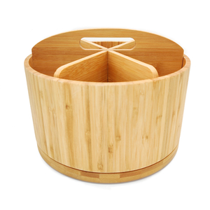 Bamboo Desktop Office Organizer with 6 Wooden Compartments Rotating Pencil Holder Makeup Organizer Compartments