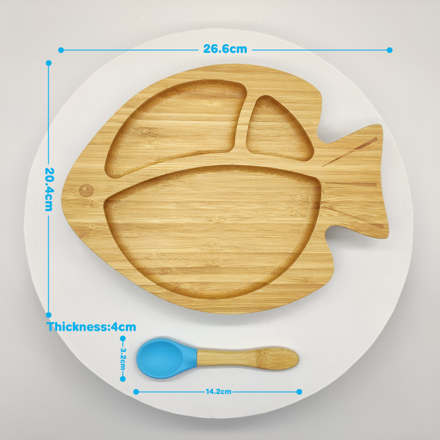 Cartoon Baby Tableware Eco-Friend Does Not Contain BPA Fish Bamboo Baby Plate & Spoon