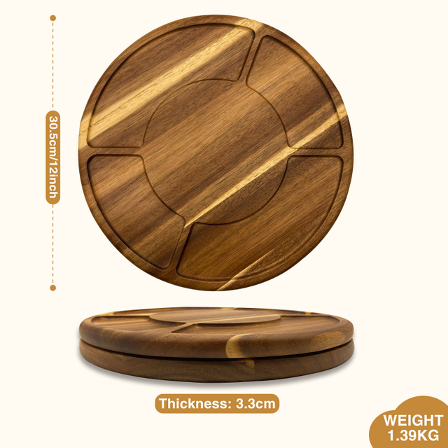 Eco-friendly Natural Wood Rotating Divided Plate Round Serving Tray with Laser Logo for Kitchenware Nut Snacks and Fruits