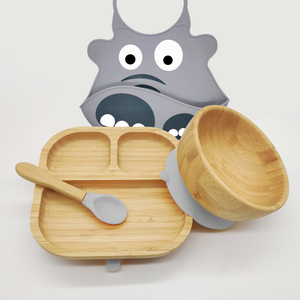 Baby Toddler Feeding Plates Bowl Suction Stay Put Not Divided Contemporary Bamboo Animal Pattern + Baby Spoon Baby Bib