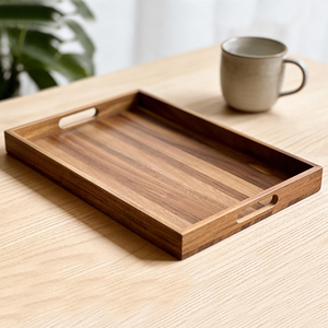 15-Inch Classic Acacia Wooden Oil Rubbed Finish Carved Portable Food-Safe Tray Handle Large Rectangular Decorative Storage