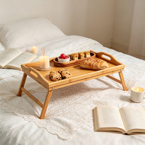 Bamboo Foldable Breakfast Bed Tray Table Legs Portable Food Serving Snack Tray for Eating Working-Dishes Plates