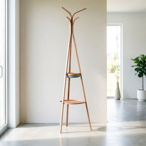 Bamboo Coat Rack Stand Free Standing 2 Tier 6 Hooks Multifunctional Hat & Coat Hanger for Hotel & Bathroom Use