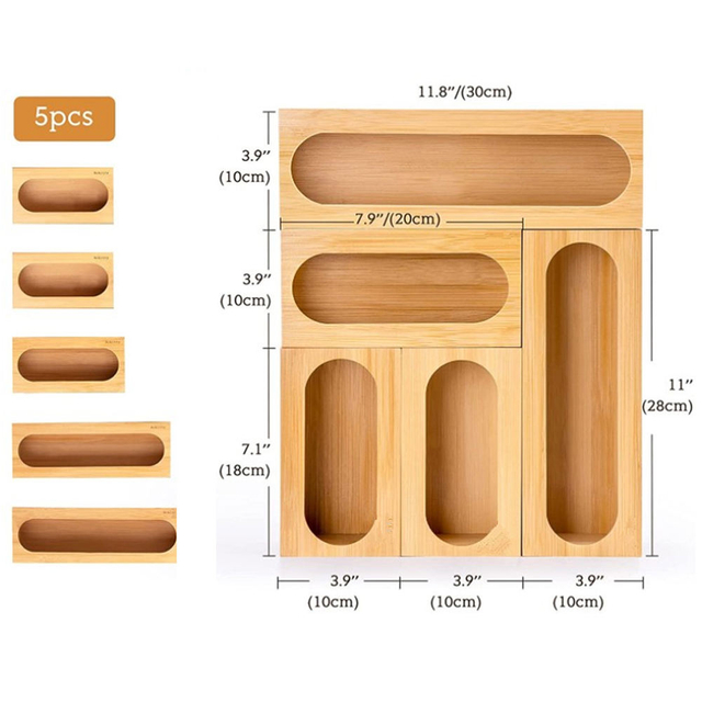 5 Pcs Bamboo Ziplock Bag Storage Organizer Food Storage Bag Organizer and Dispenser Compatible for Drawer