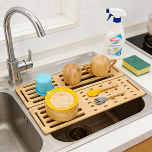 Wholesale Counter Top Bamboo Dish Drying Rack Foldable Collapsible Saving for Kitchen Bathroom Spice Storage Direct Factory