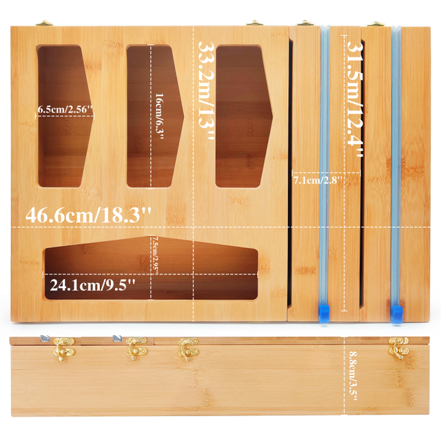 Kitchen Bamboo Drawer Organizers with Plastic Foil Wrap Dispenser Holder Foldable Ziplock Bag Storage Organizer Wooden Lids
