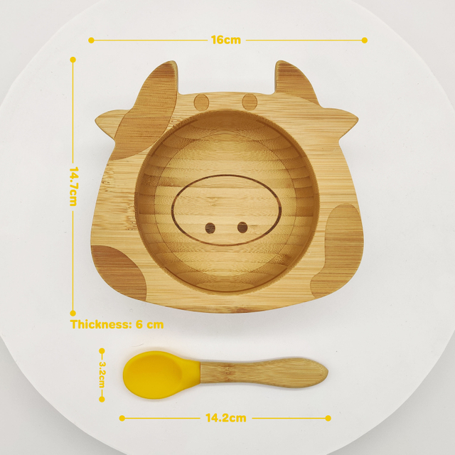 Bamboo Baby Bowl Cow Shape Feeding Bowl with Silicone Suction Plate Bamboo Fiber Bowl