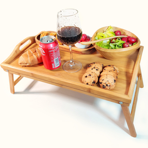 Portable Folding Dining Table with Wood Tray Outdoor Picnic Bamboo Service Tray Decorative Serving Trays for Kitchen Use