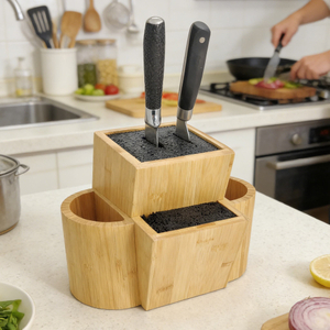 Hot Selling New Design Universal Bamboo Knife Holder Eco-Friendly Utensil Blocks Kitchen Storage Rack Plastic Bristles 7-Piece