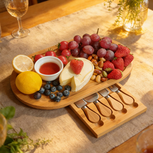 Customizable Mini Bamboo Cheese Board with 4-Piece Cutlery Set Wood Platter Hidden Cutlery Drawer for Cheese Pizza