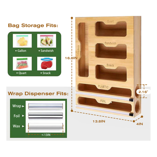 Ziplock Bag Dispenser Bamboo Drawer Storage Box Wall Mounted Holders and Racks 6 in 1 Foil Plastic Wrap Organizer for Kitchen