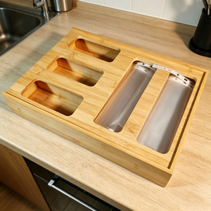 Bamboo Kitchen Drawer Dispenser Wooden Baggie Food Storage Bag Holders Organizer Bamboo Ziplock Bag Storage Organizer