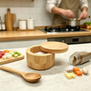 Eco-Friendly Carved Bamboo Salt Keeper with Laser Logo Swivel Lid Stylish Multifunction Seasoning Storage for Home Kitchen Use