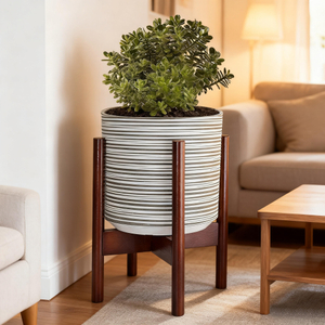 In Stock Mid Century Acacia Wood Plant Stand Varinsh Finished Indoor Planter Holder with Pot Set