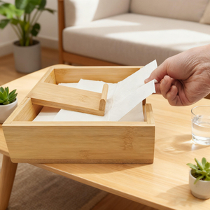 Creative Classic Bamboo Bottom Tissue Napkin Storage Box-Natural Color 20.2x20x6cm-BSCI Certified Durable Multi-Purpose Home Use