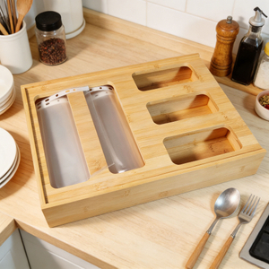 Kitchen Storage Organizer Wall-Mounted Lacquer Finish Bamboo Bag Dispenser Folding Tool Drawers American Style Square New Design