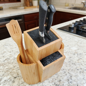 Hot Selling Kitchen Counter Top Bamboo Wood Universal Bristle Insert Knife Storage Organizer Block Stand Holder