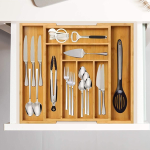 Modern Bamboo Cutlery Tray Adjustable Standing Type Lacquer Finish Expansible Single Tableware Storage for Kitchen Spice