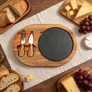 Custom Handmade Natural Black Slate and Wood Cheese Serving Board with Knife Set