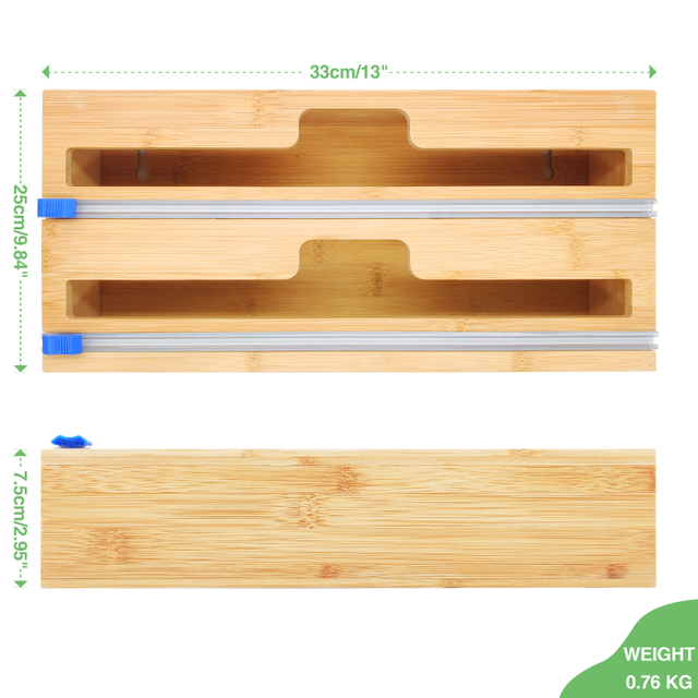 2-in-1 Bamboo Wrap Dispenser with Slide Cutter for Kitchen Drawer Foil & Plastic Wrap Organizer Box for Storage Organization